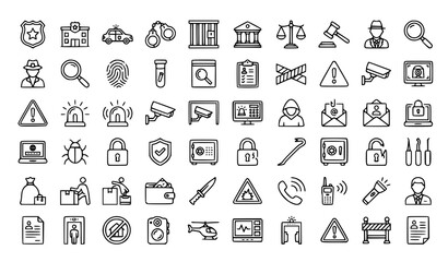 Law enforcement and security line icons set including police car, handcuffs, courthouse, judge gavel, detective, cctv camera, and crime investigation vector elements. © Md