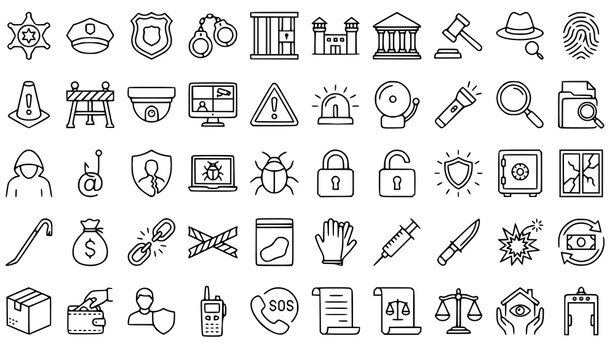 Crime investigation and police line icons set including sheriff badge, handcuffs, prison jail, cctv security, hacker, evidence bag, and justice scale vector elements.