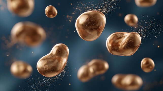 Golden particles float in deep blue space.