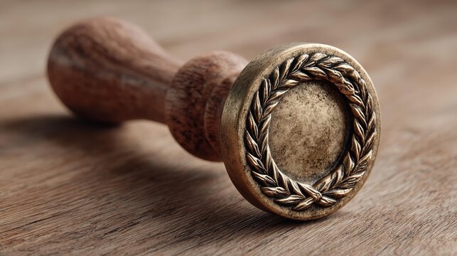 Antique wax seal rests on wooden surface.