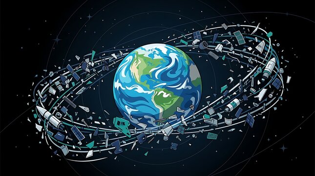 Earth surrounded by a dense ring of space debris and junk