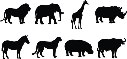 African Wildlife Animal Silhouette Collection Featuring Lion Elephant Giraffe Rhinoceros Zebra Cheetah Hippopotamus and Buffalo © MSTNASRIN
