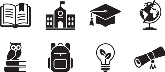 Fototapeta premium Education and learning icon set, black and white school symbols with transparent background featuring books, graduation cap, pencil, ruler, globe, and academic elements in modern vector illustration 