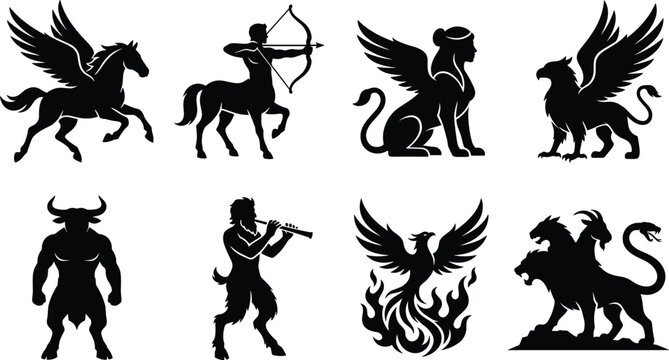 Mythological Creatures Silhouette Vector Icons Set Isolated on White Background for Gaming and Fantasy Design