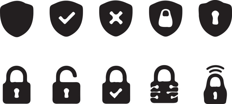 Shield Icons with Lock Symbols Representing Security and Protection Vector Illustration