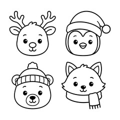 Cute cartoon animal faces including a reindeer penguin bear and fox wearing winter accessories © Crackfinity