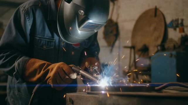 Welder in protective gear creating sparks with electrode in workshop setting with cinematic lighting and shallow depth of field