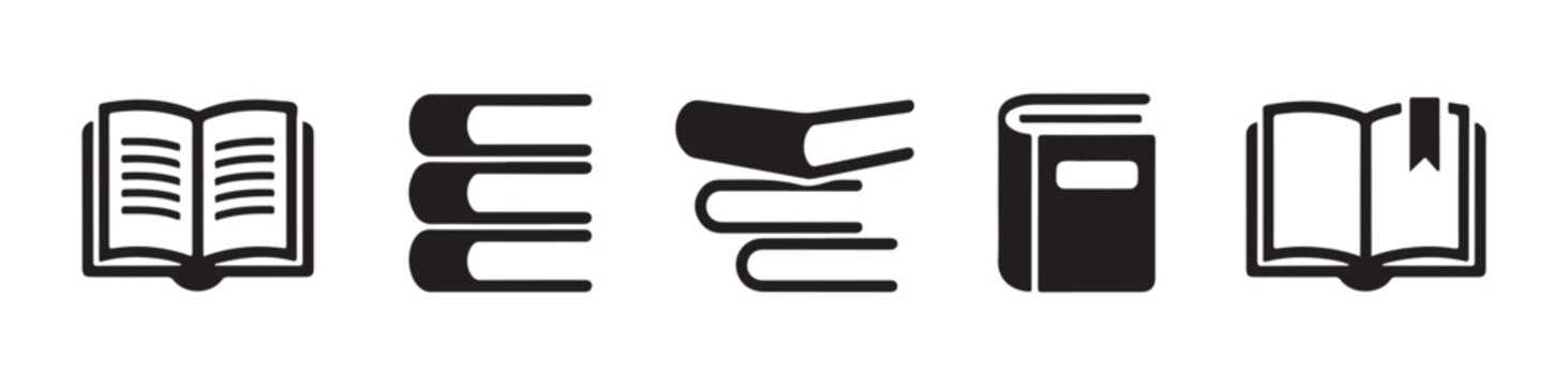 Various book icons set on transparent background, graphic collection.