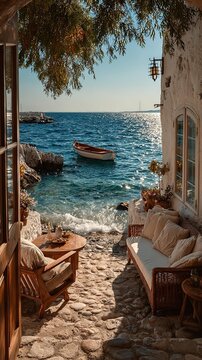 Sunlit doorway frames a tranquil coastal village.
