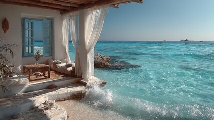 Obraz premium View from a luxury terrace through open doors on a coast , cliffs, and turquoise water.