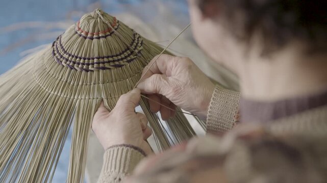 Hands Weaving Traditional Bon Odori Hat in Ugo Town Akita Prefecture J