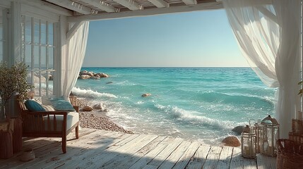 Obraz premium View from a luxury terrace through open doors on a coast , cliffs, and turquoise water.