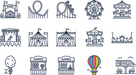 Amusement park and carnival festival line icon set with roller coaster carousel games and entertainment attractions © MDBABULU
