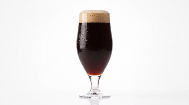 Glass of cold dark stout beer with foam head