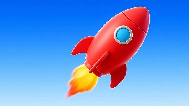 Red cartoon rocket flying in blue sky