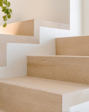Minimalist light wood staircase interior with natural plant leaves for modern home design background and poster layout for interiors