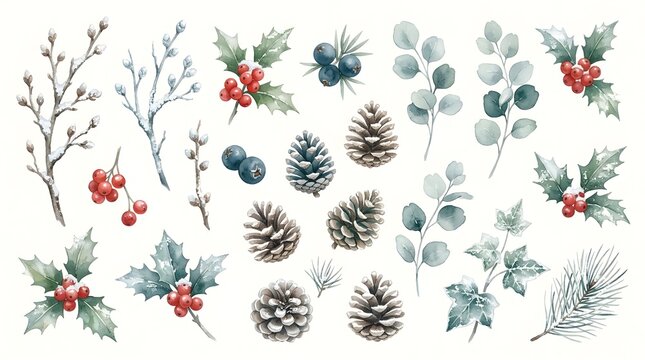 Watercolor Christmas greenery collection, winter botanical elements with holly berries and pine cones, hand painted festive foliage set for holiday card design