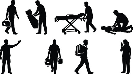 Fototapeta premium Paramedic and Emergency Medical Services Silhouettes Set with First Responders, Patients, and Equipment