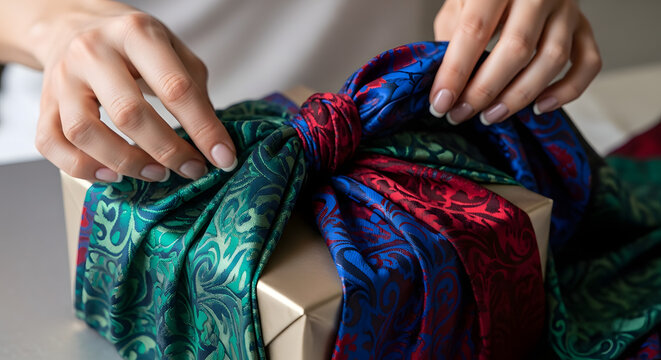 Hands expertly wrapping a gift box using a colorful fabric in Furoshiki style
