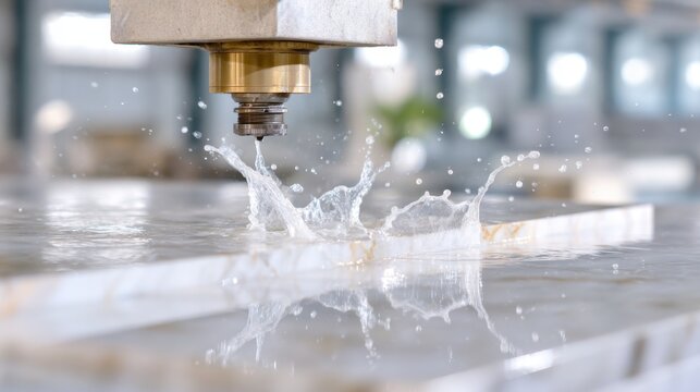 Industrial waterjet cutting marble slab with high pressure water splash and droplets for manufacturing and engineering backgrounds, brochure, technology and industrial design