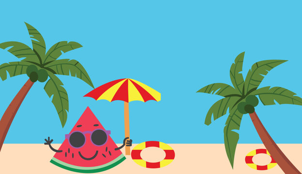 Cute Happy Watermelon Character Relaxing on a Tropical Summer Beach with Palm Trees, Umbrella, and Float Ring Vector Illustration