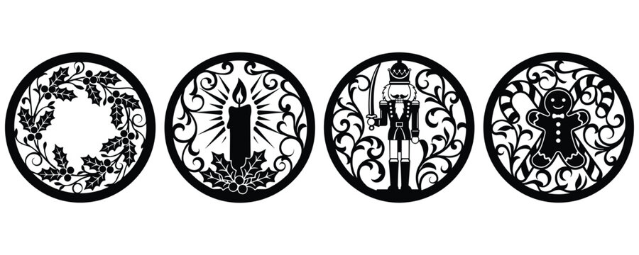 Set of four circular christmas laser cut ornaments with festive silhouettes.