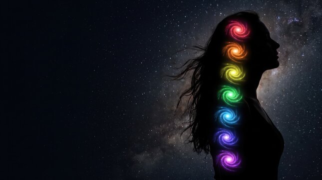 Woman silhouette with glowing chakra points. Spiritual energy healing and meditation concept.