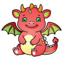 Cute red dragon cartoon character sitting with green wings vector illustration