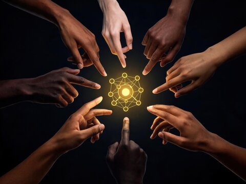 Diverse Hands Reaching Toward Glowing Financial Network Icon