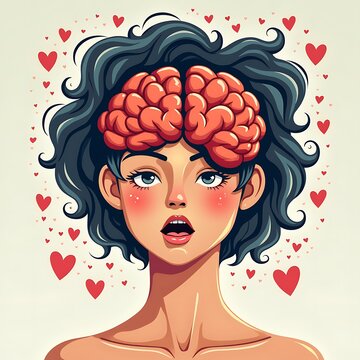 Vector illustration of a woman with a brain on her head and red hearts on a light background. Front view for psychology, emotional intelligence, and falling in love concept.