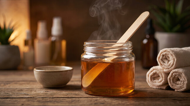 Warm sugar wax in a glass jar with wooden spatula, rolled towels and spa accessories in a cozy beauty salon setting