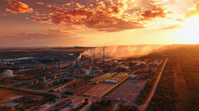 Industrial factory complex at sunset with bright orange clouds.. Smoke rises from chimneys over manufacturing structures next to a straight road under sun rays.
