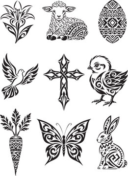 Easter and Christian Symbol Collection with Lily Lamb Decorated Egg Dove Cross Chick Carrot Butterfly and Rabbit Ornamental Vector Set