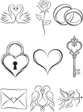 Love and Romance Symbol Collection with Swans Rose Wedding Rings Heart Lock Key Cupid and Love Letter Line Art Vector Set