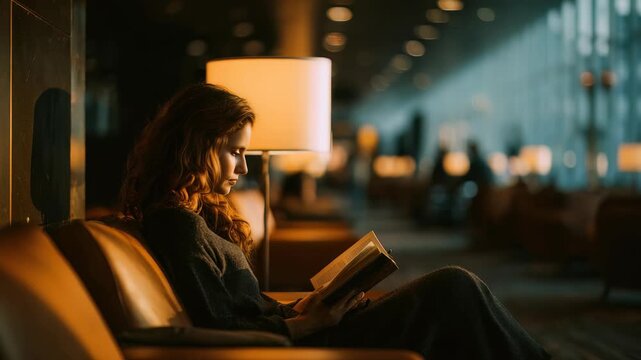 A thoughtful female reader enjoys a quiet moment with her book in a modern airport lounge, surrounded by warm lights and comfortable seating. The scene exudes relaxation and introspection