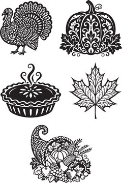 Thanksgiving Harvest Silhouette Collection with Turkey Pumpkin Pie Maple Leaf and Cornucopia Black Ornamental Vector Set