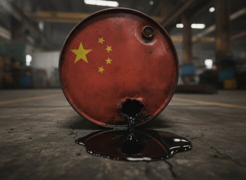 Leaking oil barrel with Chinese flag in industrial setting