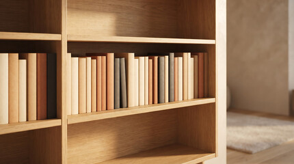 Fototapeta premium Sunlight Illuminating Minimalist Wooden Bookshelf at Home
