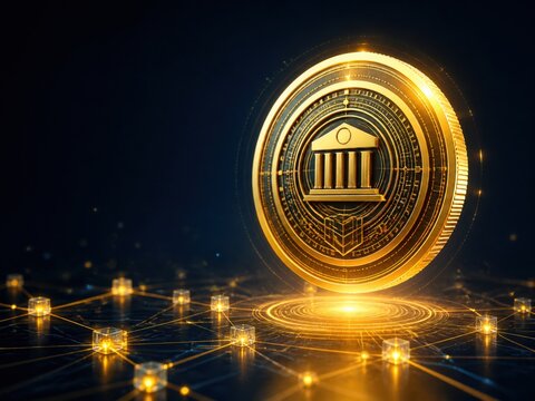 Institutional Gold Coin With Bank Icon Above Blockchain Network