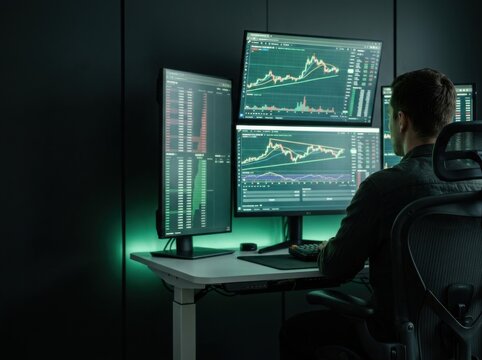 Trader Analyzing Cryptocurrency Charts On Multiple Monitors