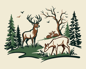 Obraz premium Deer family vintage illustration, woodland stag buck doe fawns, retro forest pine trees wildlife art, rustic nature outdoor wilderness