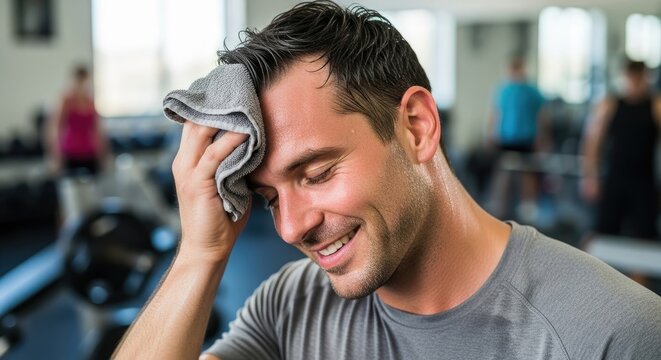 A man in a gym, sweating and wiping his forehead with a towel.