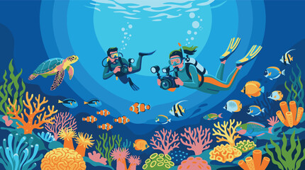 Scuba divers taking underwater photography of coral reef sea turtle and tropical fish vector illustration © Akhi Ayra