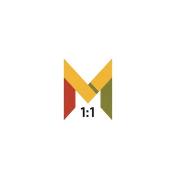 Minimalist geometric letter M logo icon featuring overlapping amber, red, and olive green shapes. Includes a black 1:1 text ratio symbol on a clean white background.
