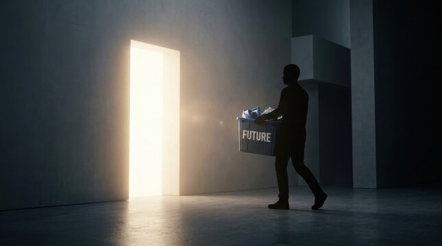Silhouette of a man carrying a blue recycling bin labeled FUTURE toward a bright glowing doorway in a dark minimalist interior, representing sustainability and environmental hope.