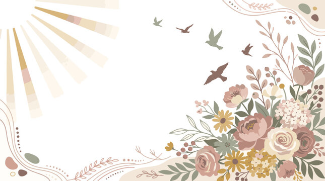 Boho floral background with blooming flowers flying birds and sun rays vector illustration