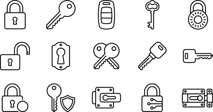 Padlock and Key Line Icon Set for Cybersecurity Home Security and Access Control Vector