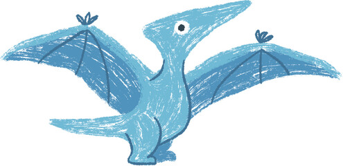 Cute blue pterodactyl flying dinosaur vector illustration in hand drawn textured pencil style isolated on white background. Childlike art for education book or game. © vvvisual