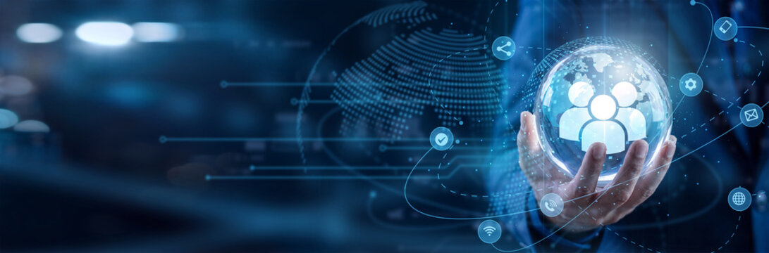 Community manager hold circle in hand to expand the interactive Social Network platform infrastructure. They manage online communication channels, user profile engagement, and digital media.