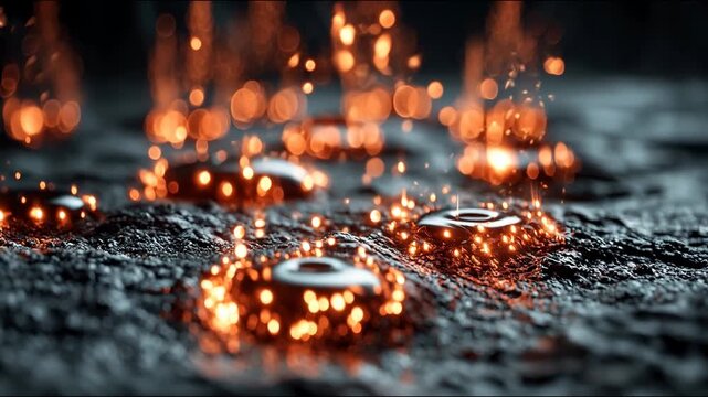 Glowing molten spheres settle on dark textured ground, emitting sparks and radiating intense heat light in slow motion.